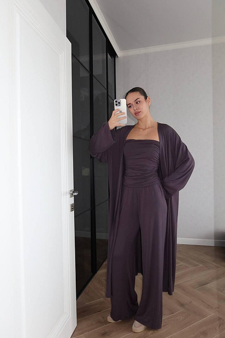 Жіночий базовий костюм-трійка: кардиган топ і штани турецька віскоза Графітовий Одеса - фото 1