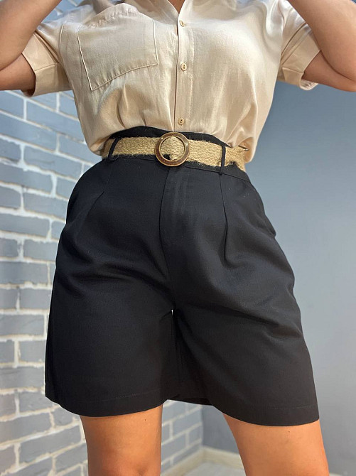 Шорты коттоновые Mix Ray 4022 бермуды высокая посадка на резинке пояс из льна черные, черный, L Киев - изображение 3