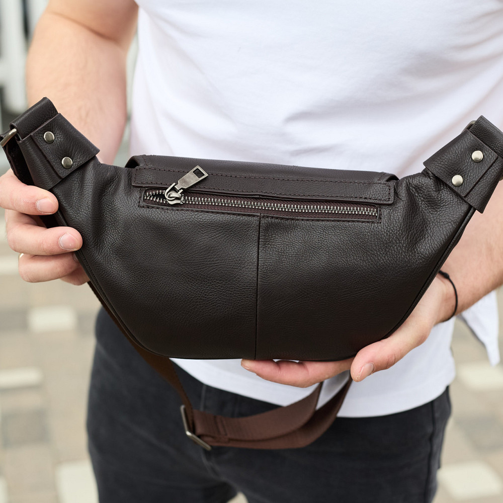 Мужской кожаный рюкзак нагрудный для телефона 14х29х8, сумка бананка для города и отдыха 70101 черная Киев - изображение 8