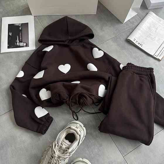 Жіночий теплий костюм-двійка з сердечками тринитка на флісі Шоколадний, 48/52 Одеса