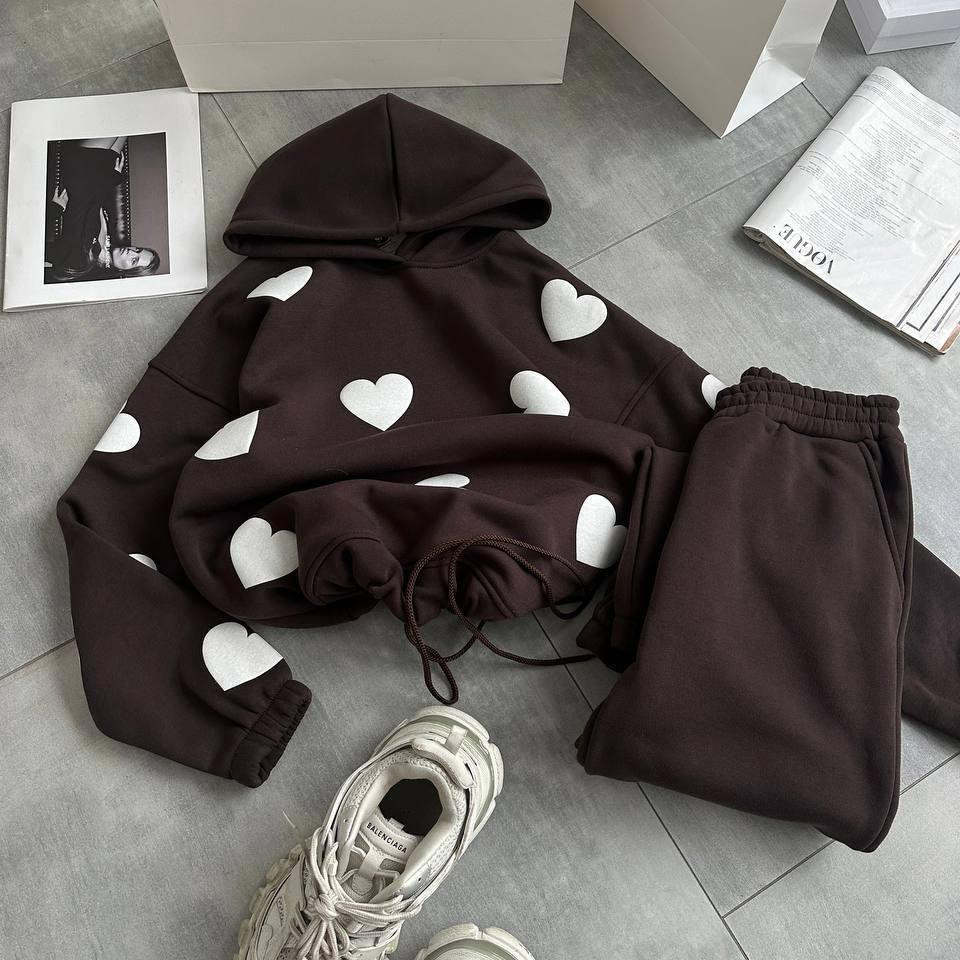 Жіночий теплий костюм-двійка з сердечками тринитка на флісі Шоколадний, 48/52 Одеса - фото 2
