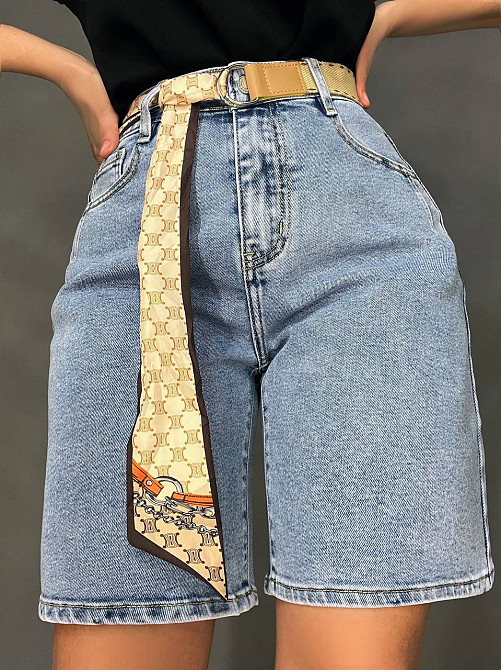 Шорти жіночі джинсові Moss 513 бермуди з високою посадкою і поясом-хусткою блакитні, блакитний, З2, 32, 86 см, 122 см Київ - фото 1