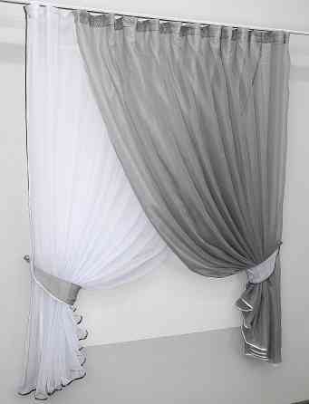 Кухонні шторки VR-Textil № 060к "Дует" з підв'язками сірий з білим 330х170 см (50-138) Київ