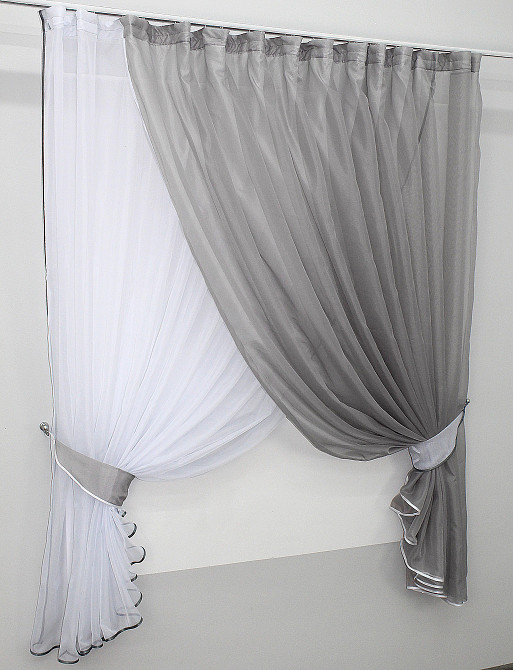 Кухонні шторки VR-Textil № 060к "Дует" з підв'язками сірий з білим 330х170 см (50-138) Київ - фото 2