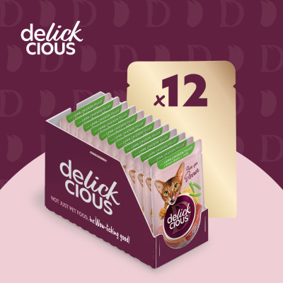 Вологий корм для кішок Delickcious Шматочки з ягнятиною, курячим філе і квасолею спаржевою в желе 85 г (4820269143128) Вінниця - фото 5