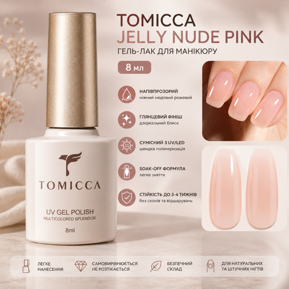 Гель-лак TOMICCA Jelly Nude Pink 8 мл, полупрозрачный нюдовый розовый, UV/LED, глянцевый, soak-off, для маникюра Киев - изображение 1