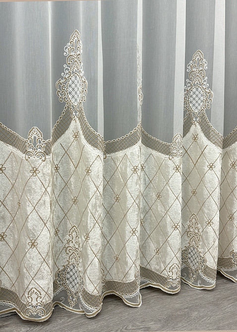 Тюль VR-Textil 1813т Бамбук с вышивкой и бархатом Айвори с бежевым 300х270 см (40-112) Киев - изображение 7