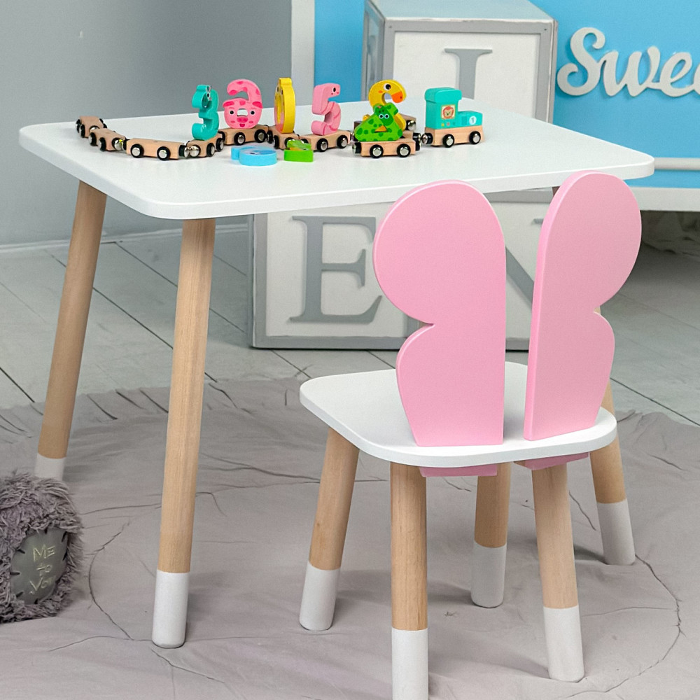 Столик прямокутний 46х60х45 і стільчик метелик 26х26х24, стіл та стілець в дитячу, білий з рожевим Київ - фото 8