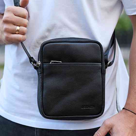 Мужская сумка через плечо, гладкая кожа 20х16х6, мессенджер для города, борсетка для телефона и документов, черная Киев