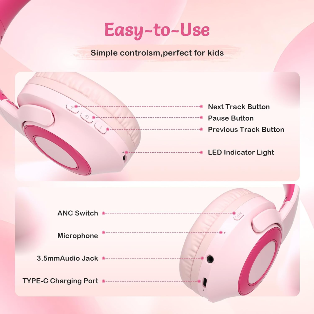 Бездротові навушники TONOSHARK Kids HB03N, Bluetooth 5.3, 60 годин, ANC, 32 Ом, 3,5 мм, чохол, рожеві Київ - фото 8