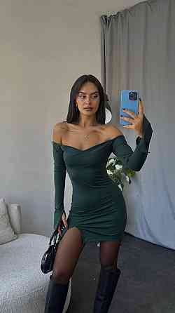 Женское облегающее мини платье с открытыми плечами микродайвинг Изумрудный Одесса
