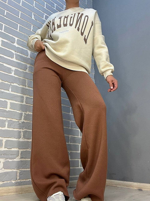 Штаны женские Quzen 388 брюки спортивные палаццо широкие свободные от бедра утепленные на флисе коричневые, коричневый, M Киев - изображение 11