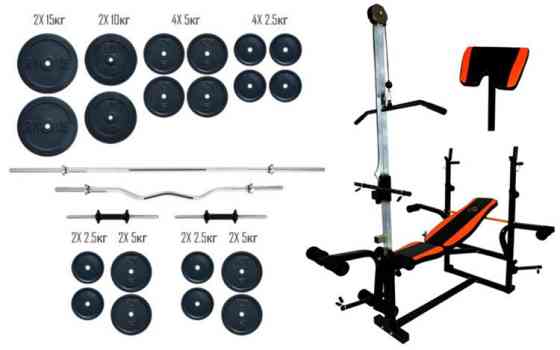 Лавка універсальна з тягою + Штанга з W-подібним 87 кг + Гантелі по 16 кг Гантелі, гирі, штанги та диски Київ