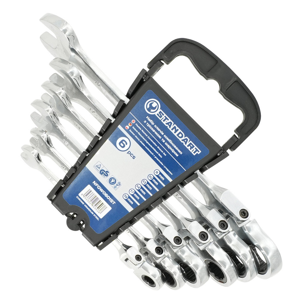 Набор ключей комбинированных с трещоткой и шарниром 8,10,13,14,17,19мм 6ед. на холдере  СТАНДАРТ NFGW0601ST Чернигов - изображение 1