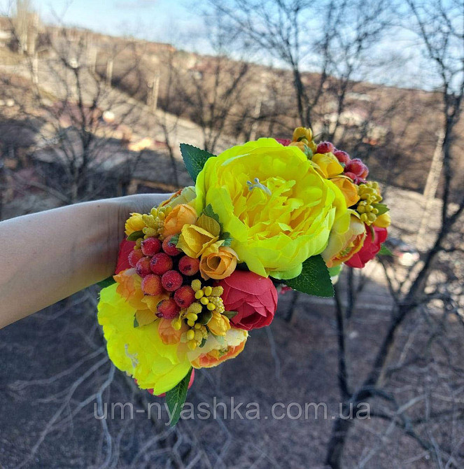 Жовто-червоний віночок Обідок обруч з квітами Піони великий Кривий Ріг - фото 3