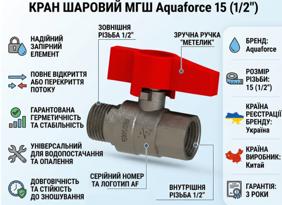 Кран шаровой Aquaforce 15 мм 1/2