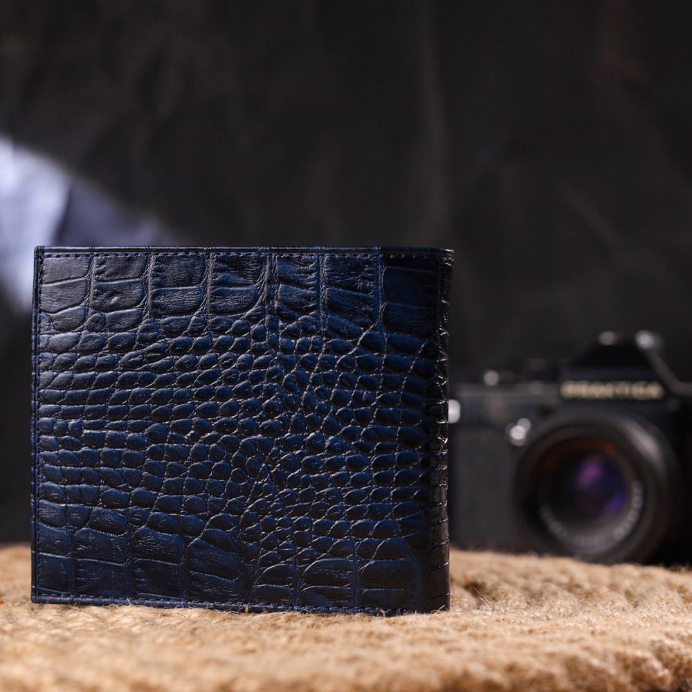 Стильний гаманець для чоловіків у два складення з натуральної шкіри з тисненням під крокодила CANPELLINI 21580 Синій Київ - фото 9
