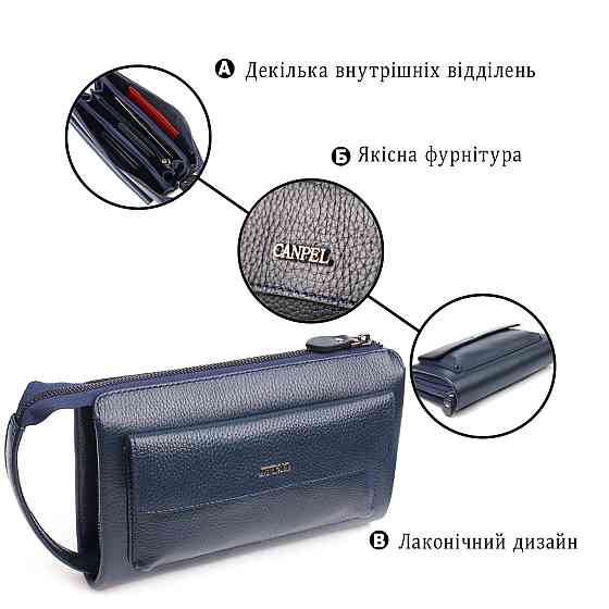 Современный мужской клатч из натуральной зернистой кожи CANPELLINI 21558 Синий Киев