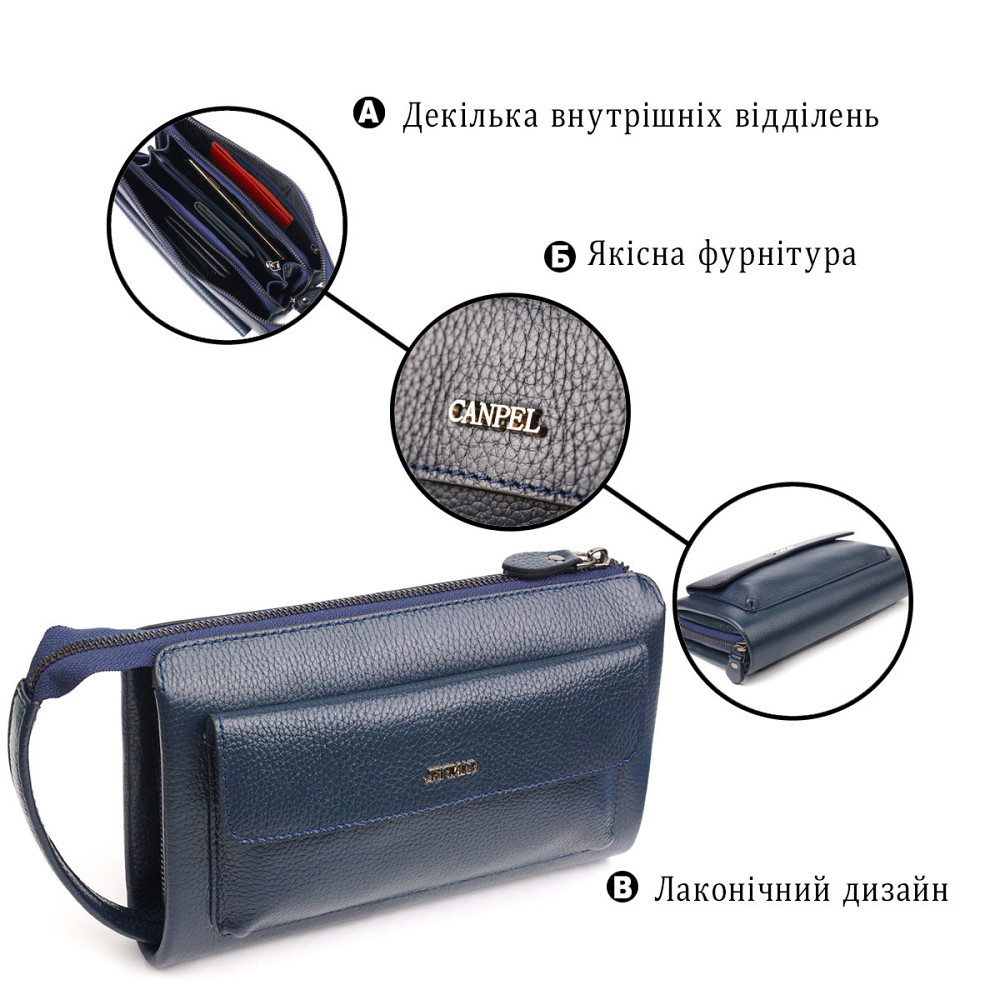 Современный мужской клатч из натуральной зернистой кожи CANPELLINI 21558 Синий Киев - изображение 4