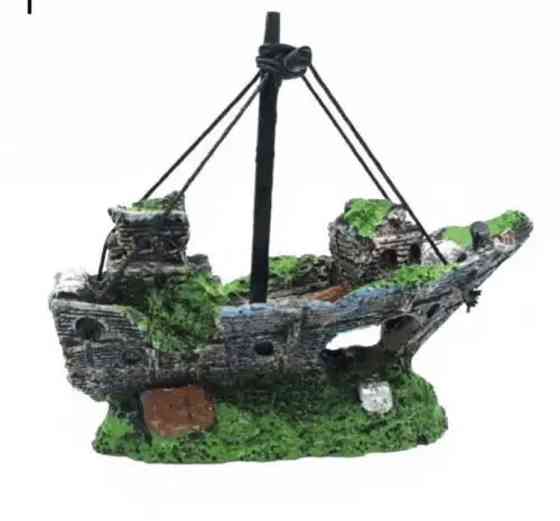 Декор для акваріума "Затонувший кораблик" - розмір 15*13*6 см, смола, акваріумний декор Київ