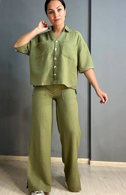 Костюм женский Mix Ray 4157 рубашка оверсайз брюки с разрезами по бокам ровные от бедра хаки, хаки, S Киев - изображение 10