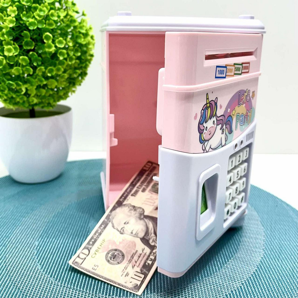 Сейф-скарбничка Банківський термінал з кодовим замком відбиток затягує купюри звук підсвічування від аккамулятора Рожевий (MK5398) Чернігів - фото 8