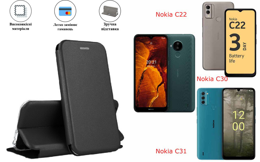 Чохол-книжка з силіконом для Nokia C22, чорний Київ - фото 1