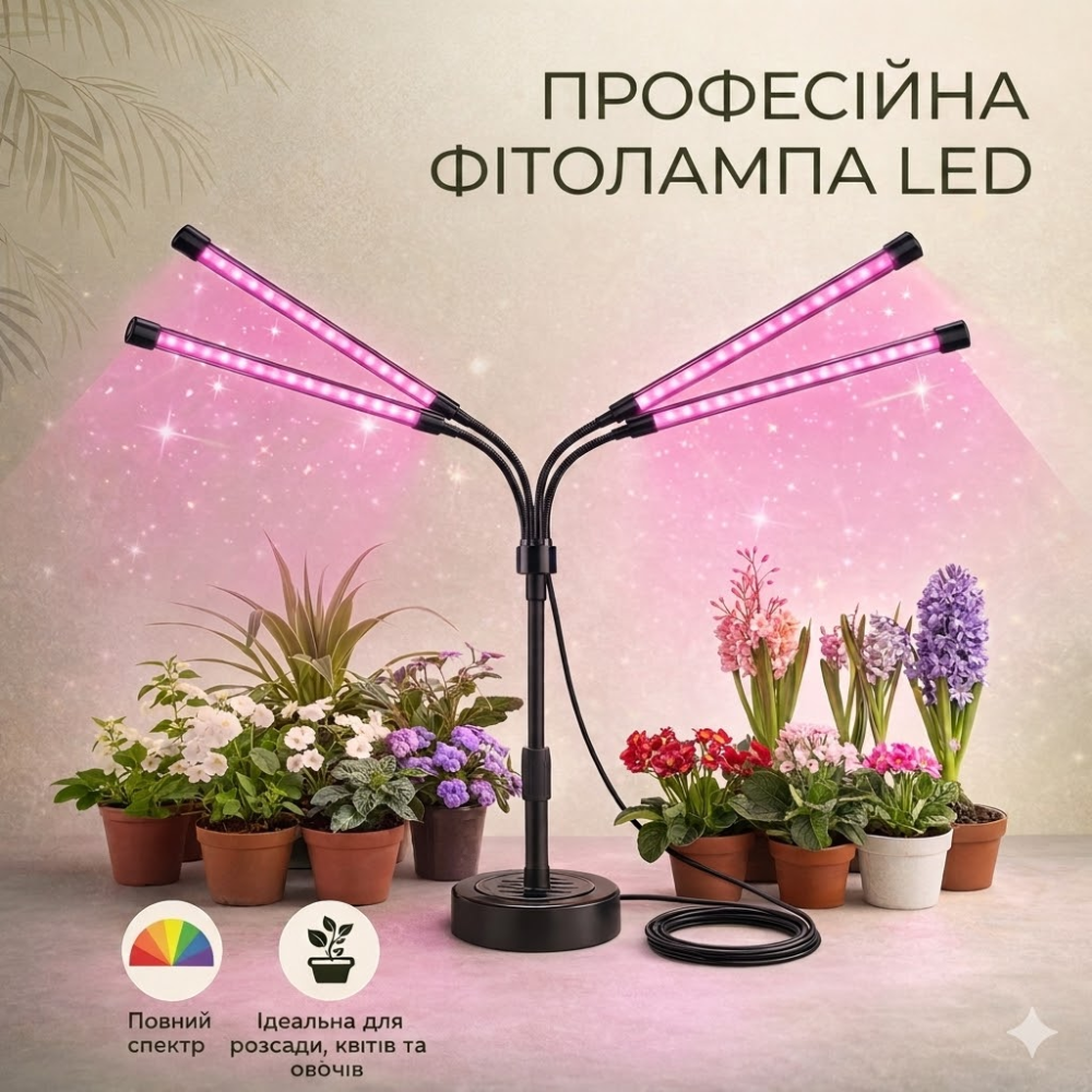 Фітолампа для рослин LED 108 діодів 4 головки повний спектр, гнучкі тримачі 360°, регулювання висоти, лампа для розсади, квітів, Київ - фото 2