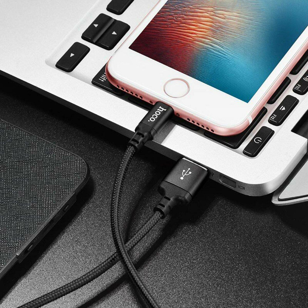 Кабель HOCO X14 USB - Lightning 2A, 1m, нейлон, алюмінієві конектори, колір чорний 6957531062820 Одеса - фото 7