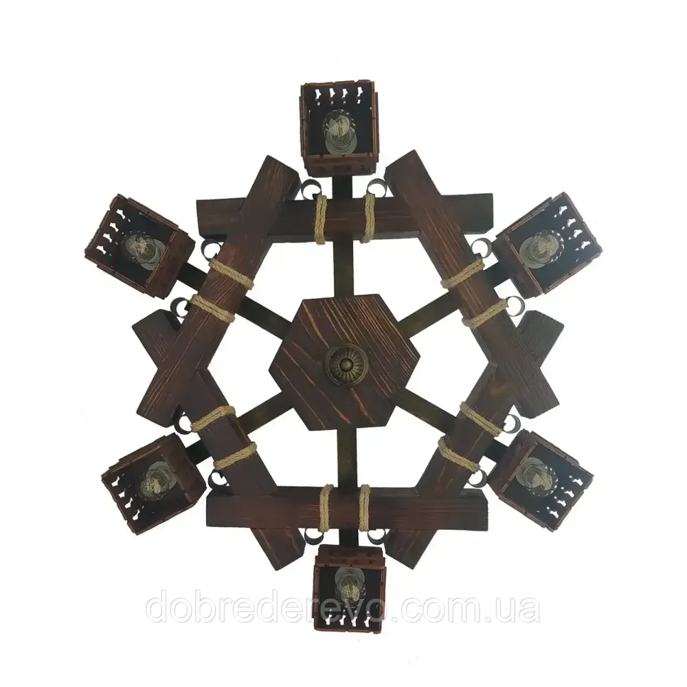 Люстра дерев'яна потолочна шестигранна на 6 плафонів 75х75 см еліт Вижниця - фото 4