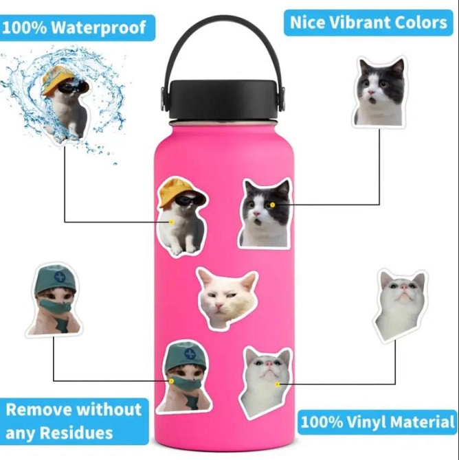 Стикеры с котами. Водонепроницаемые виниловые эстетические наклейки, набор 50 штук. Киев - изображение 6