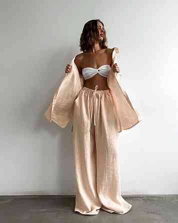 Женский летний оверсайз костюм двойка: рубашка и брюки из смягченного льна креш Одесса