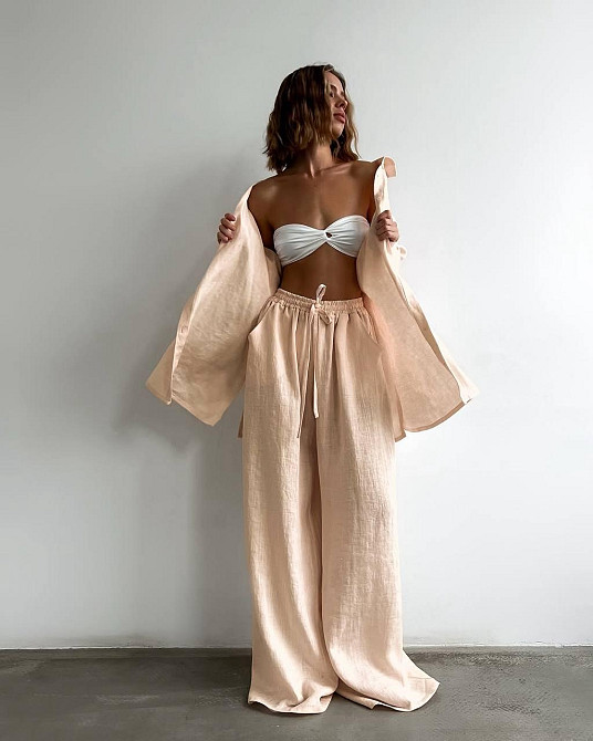 Женский летний оверсайз костюм двойка: рубашка и брюки из смягченного льна креш Одесса - изображение 2