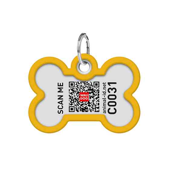 Адресник для собак і котів металевий WAUDOG Smart ID з QR паспортом, малюнок "Градієнт помаранчевий", кістка, Д 40 мм, Ш 28 мм Київ