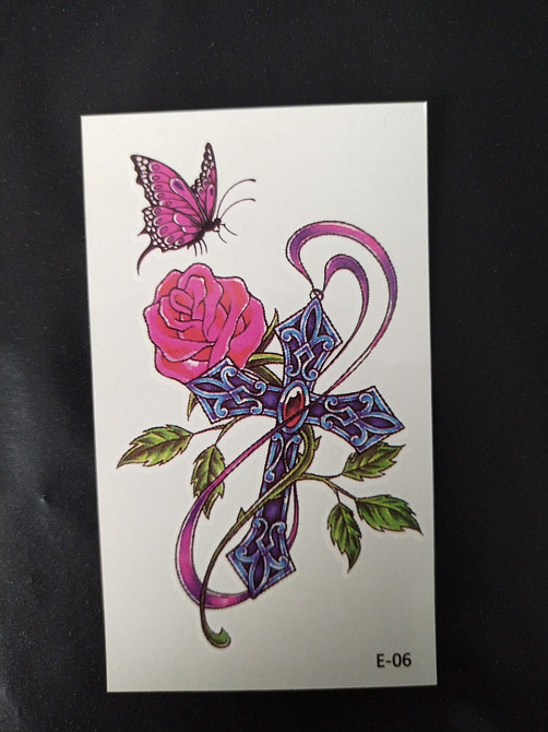 Наклейка для тіла тату "Хрест, троянда, метелик" - розмір стікера 10*6см Київ - фото 1