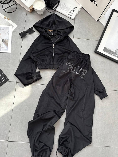 Женский стильный костюм двойка в стиле спорт шик со стразами на ягодицах велюр Черный, 46/48 Одесса - изображение 9