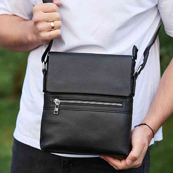 Чёрная кожаная мужская сумка через плечо Tiding Bag Киев