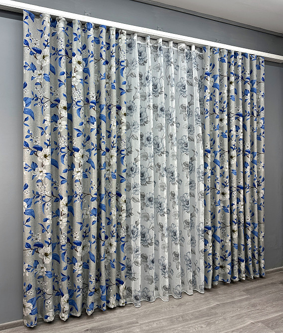 Комплект штор VR-Textil Лен Прованс 150х265 2шт и Тюль 400х265 1725ш-1543т Светло-серый с синим и белым 71-105/3 Киев - изображение 3