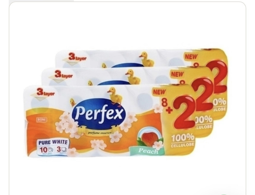 Набір тришарового туалетного паперу Perfex Персик, білий, 30 рулонів (3 уп. по 10 рулонів) Виноградів - фото 1