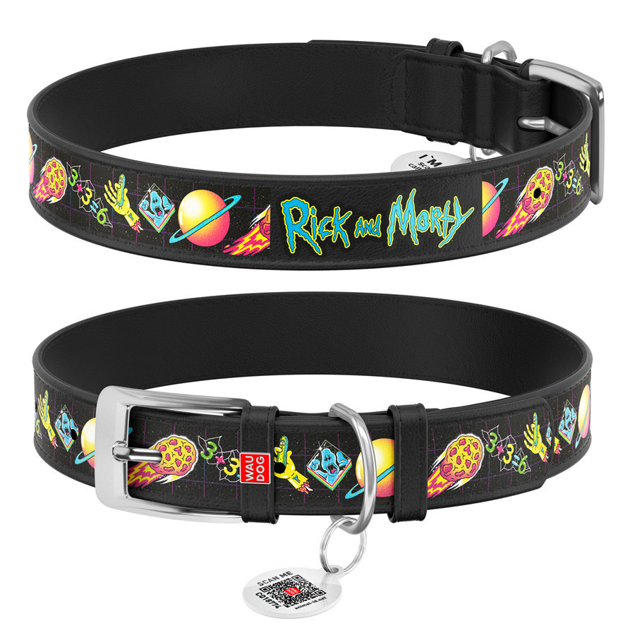 Нашийник для собак шкіряний WAUDOG Design з QR паспортом, малюнок "Рік і Морті 3", L, Ш 25 мм, Д 38-49 см Вінниця - фото 1