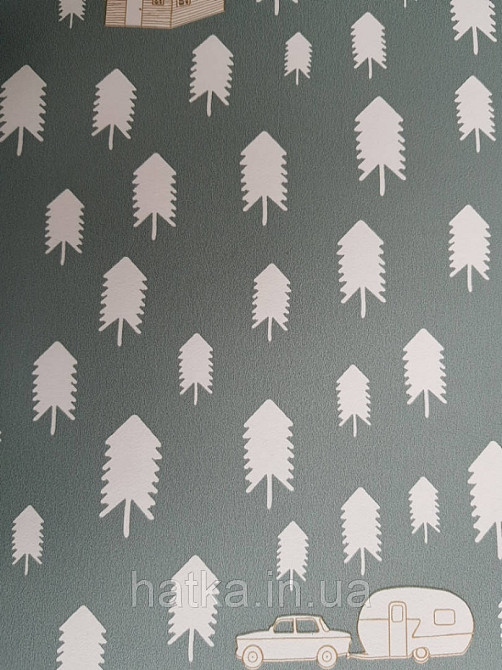 Обои флизелиновые детские  Caselio Our Planet деревья елки домики палатки машины белые на сером Киев - изображение 1