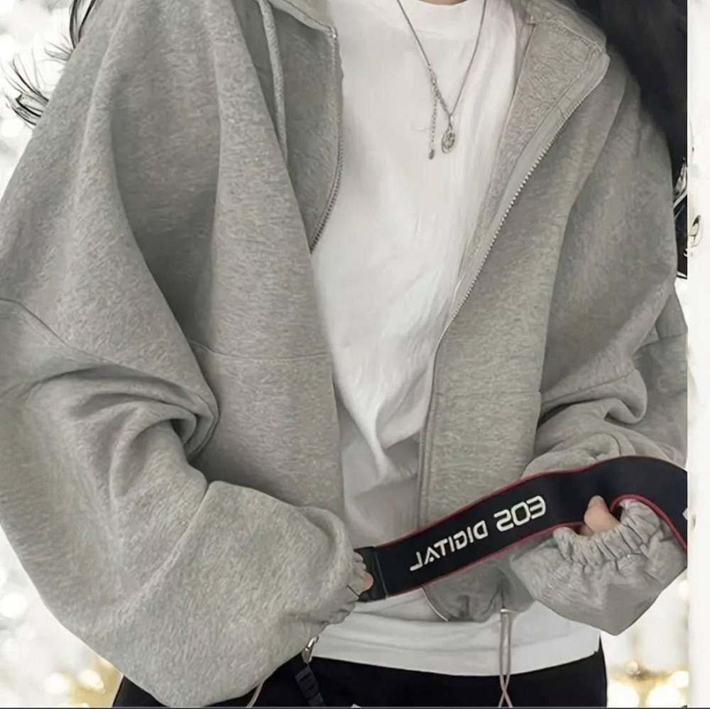 Жіноча укорочена оверсайз худі на блискавці з капюшоном двонитка Сірий Одеса - фото 2