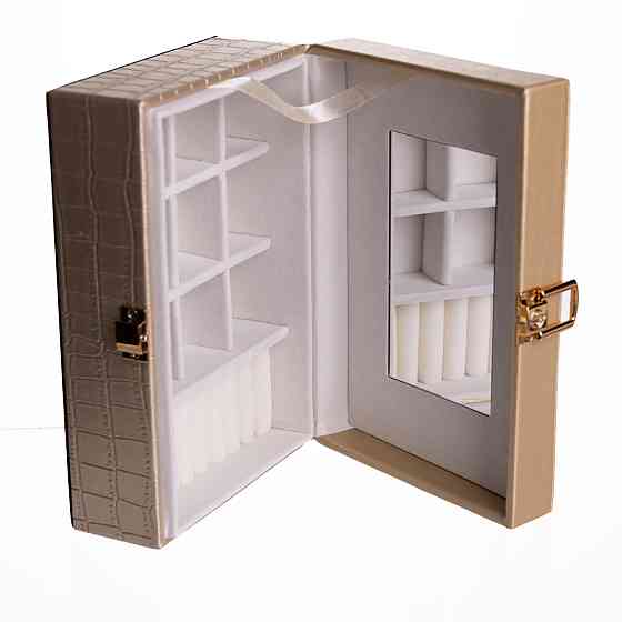 Скринька для прикрас з еко шкіри 10 відділень з дзеркалом 20×14×8 см Золотистий HP-5-19GOLD Київ