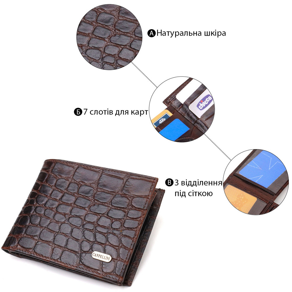 Модный горизонтальный мужской бумажник среднего размера из натуральной кожи с тиснением под крокодила (CANPELLINI) Киев - изображение 8