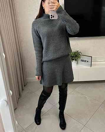 Женский базовый теплый костюм двойка мелкая машинная вязка Антрацит Одесса