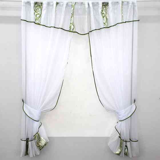 Кухонные шторы VR-Textil № 085к с ламбрекеном и подхватами белый с зеленым 300х170 см (59-784) Киев