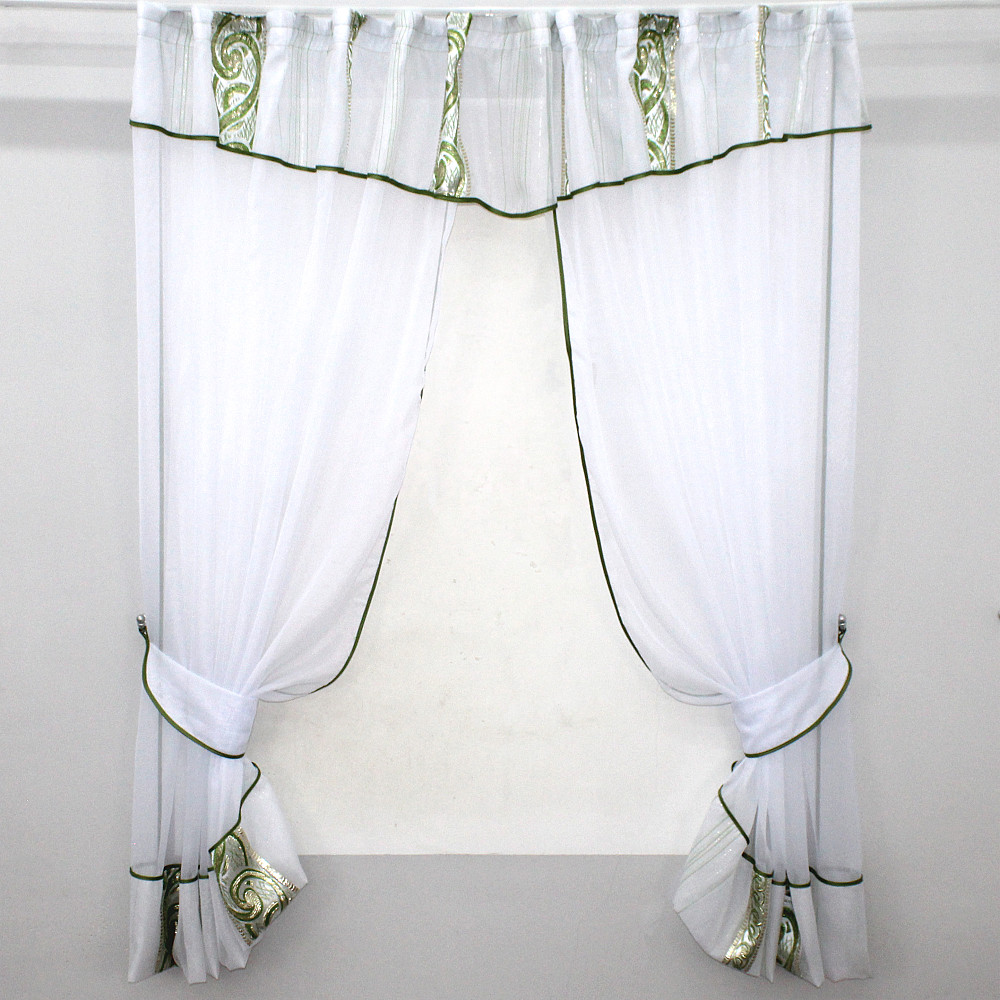 Кухонные шторы VR-Textil № 085к с ламбрекеном и подхватами белый с зеленым 300х170 см (59-784) Киев - изображение 1