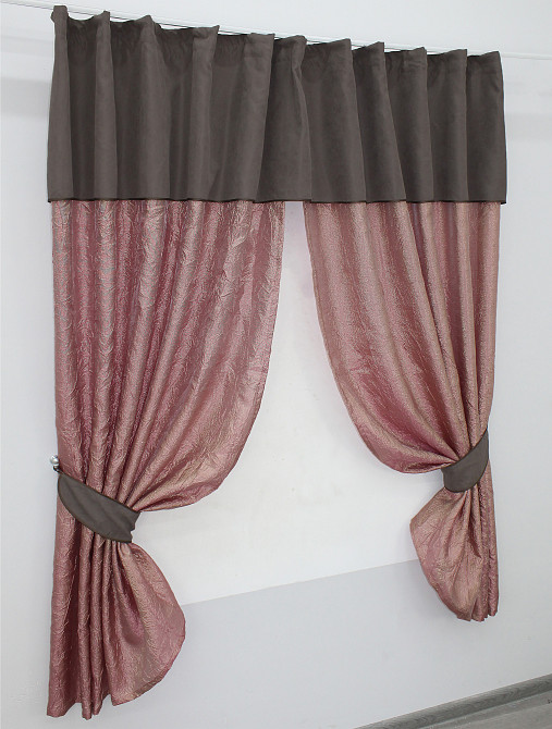 Кухонные шторы VR-Textil № 073к с ламбрекеном и подхватами розово-золотистый с какао 280х170 см (52-0366) Киев - изображение 2