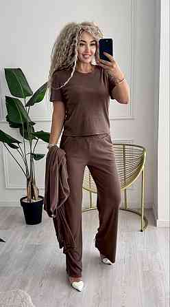 Женский базовый прогулочный костюм тройка: кардиган футболка и штаны трикотажный рубчик Мокко, 52/54 Одесса