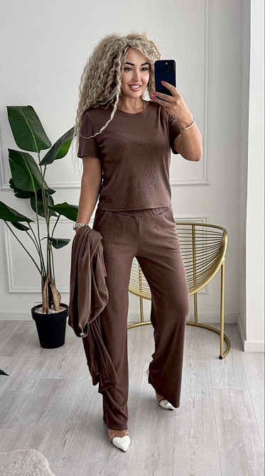 Жіночий базовий прогулянковий костюм-трійка: кардиган футболка та штани трикотажний рубчик Моко, 52/54 Одеса - фото 5